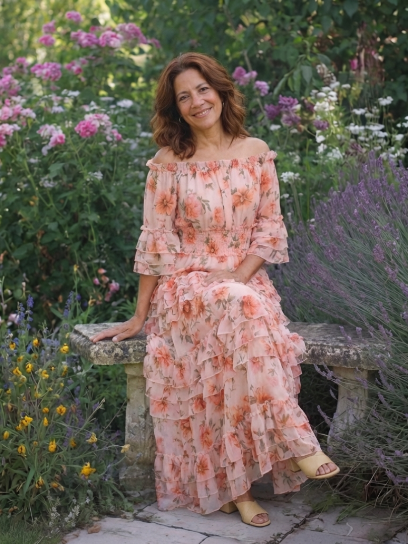 Rosalie | Off-Shoulder Blumenrüsch Tiered Maxikleid