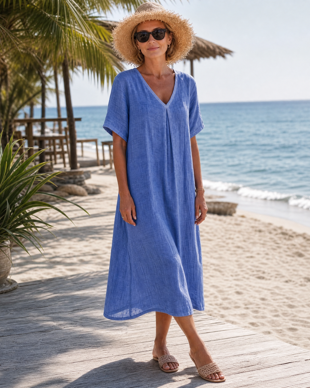 Thamal | Gewaschenes Baumwollmischung V-Ausschnitt Relaxed Midi Kleid