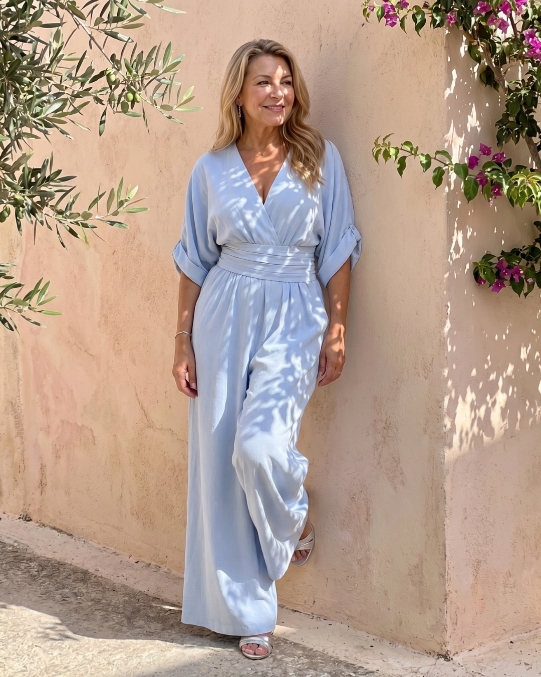 Emene | Drapierter V-Ausschnitt weiter Beinschnitt entspannter Jumpsuit