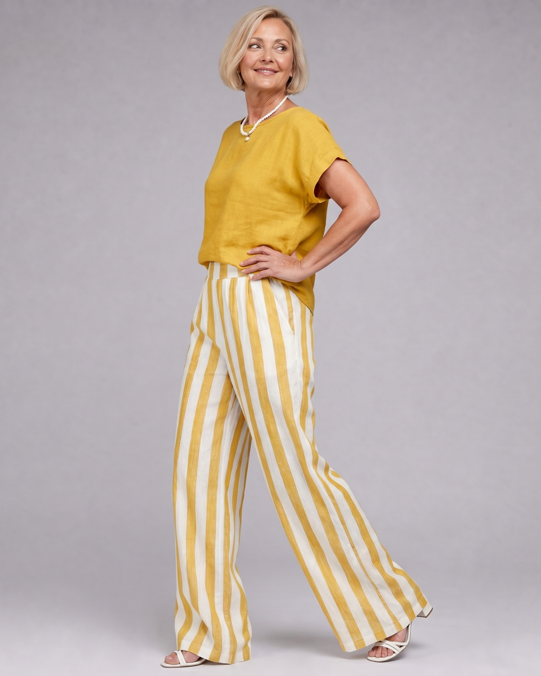 Miolna | Leinenmischung Top und gestreifte weite Hose Set