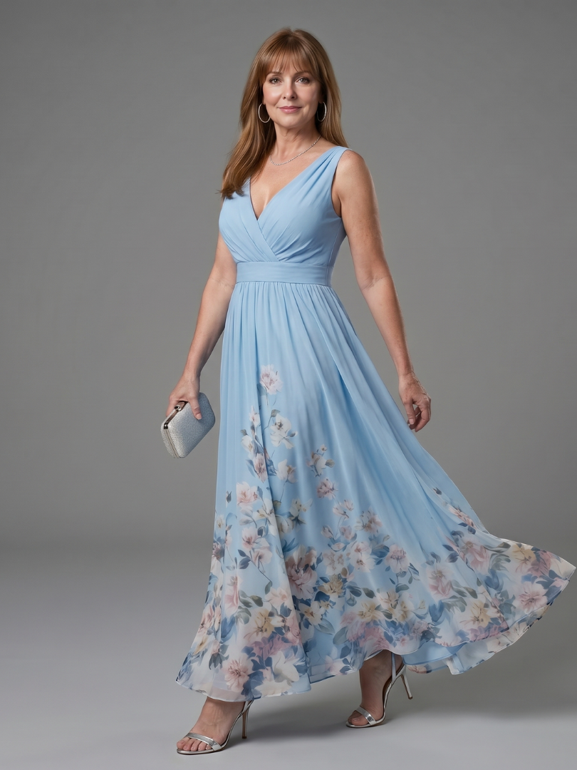 Clarissa | Ärmelloses V-Ausschnitt Midi-Kleid mit weichem floralem Saum