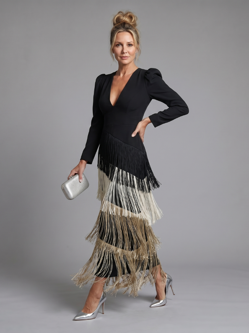Samara | Midi-Kleid mit langen Ärmeln und weichem Fransenrock
