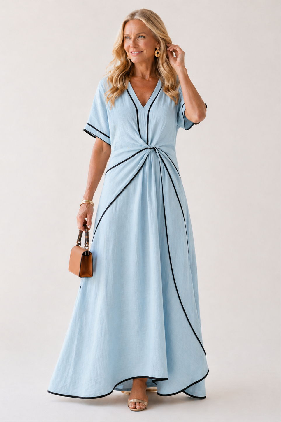 Linnea | V-Ausschnitt Kurzarm Geraffte Taille Midi Kleid
