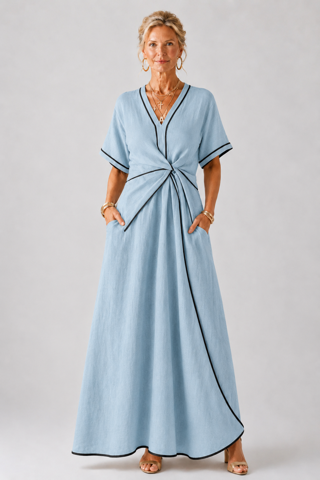 Linnea | V-Ausschnitt Kurzarm Geraffte Taille Midi Kleid