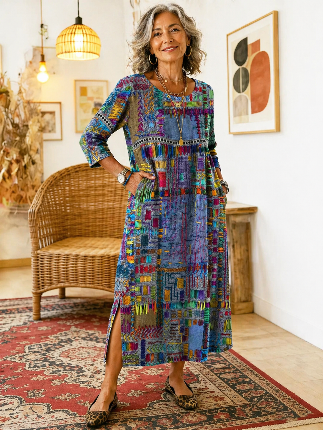 Manuela | Bedrucktes Kleid mit ethnischem Patchwork