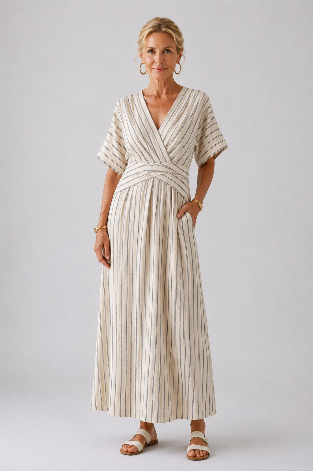 Cressida | V-Ausschnitt Kurzarm Kleid mit gekreuzter Taille Midi