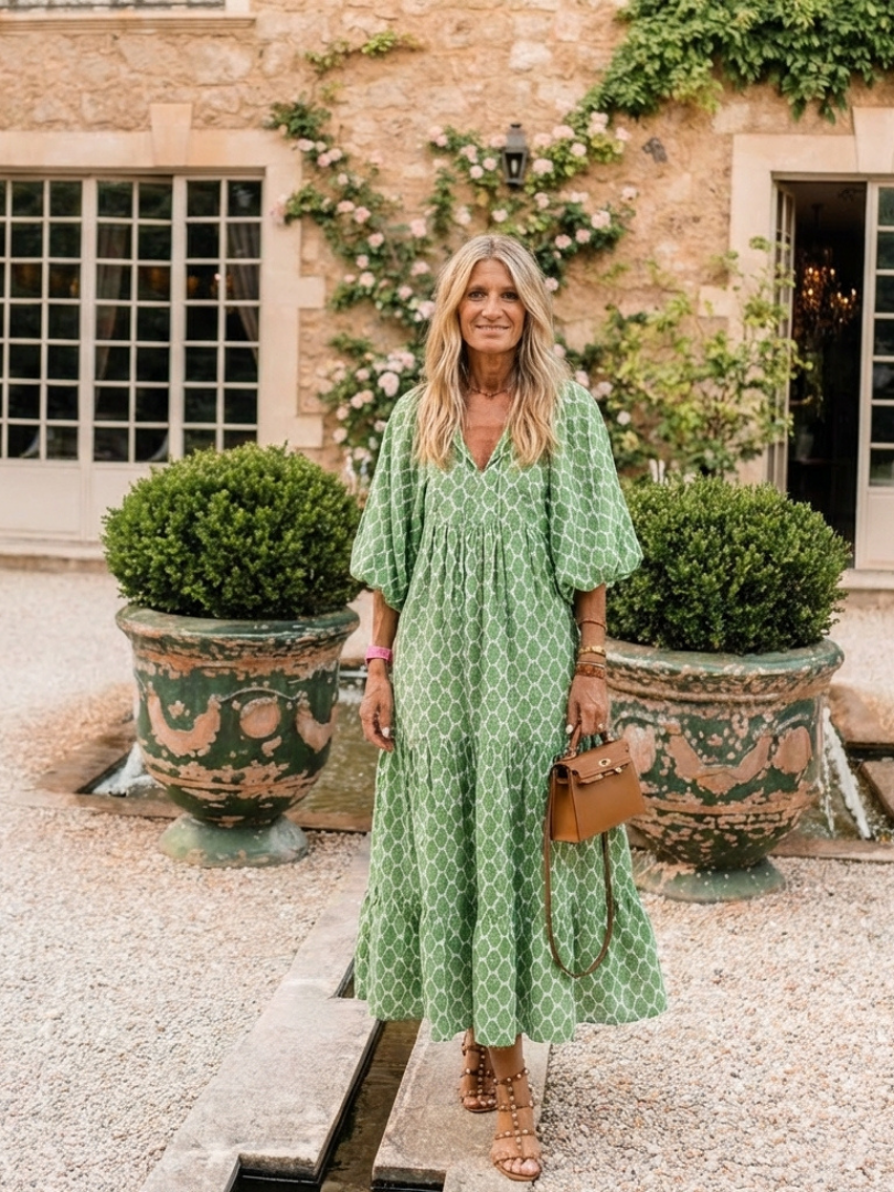 Apolline | Midi-Kleid mit dreiviertel Ärmeln und V-Ausschnitt im Muster