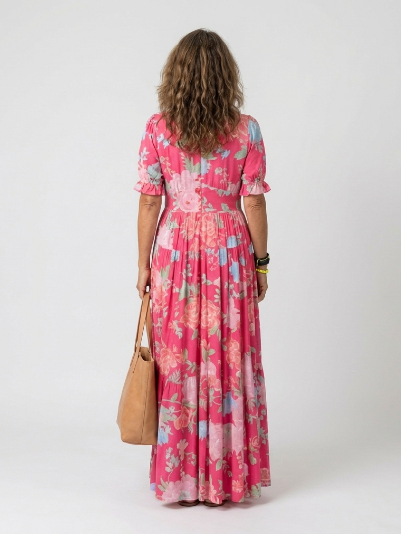 Ione | Kurzarm V-Ausschnitt Blumen Midi Kleid