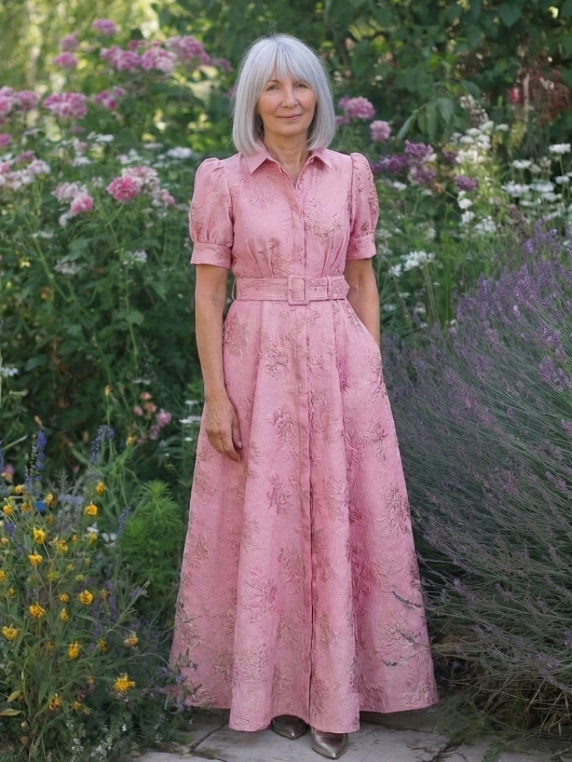 Xanthea | Kurzärmliges, gebundenes, florales Maxikleid mit Struktur