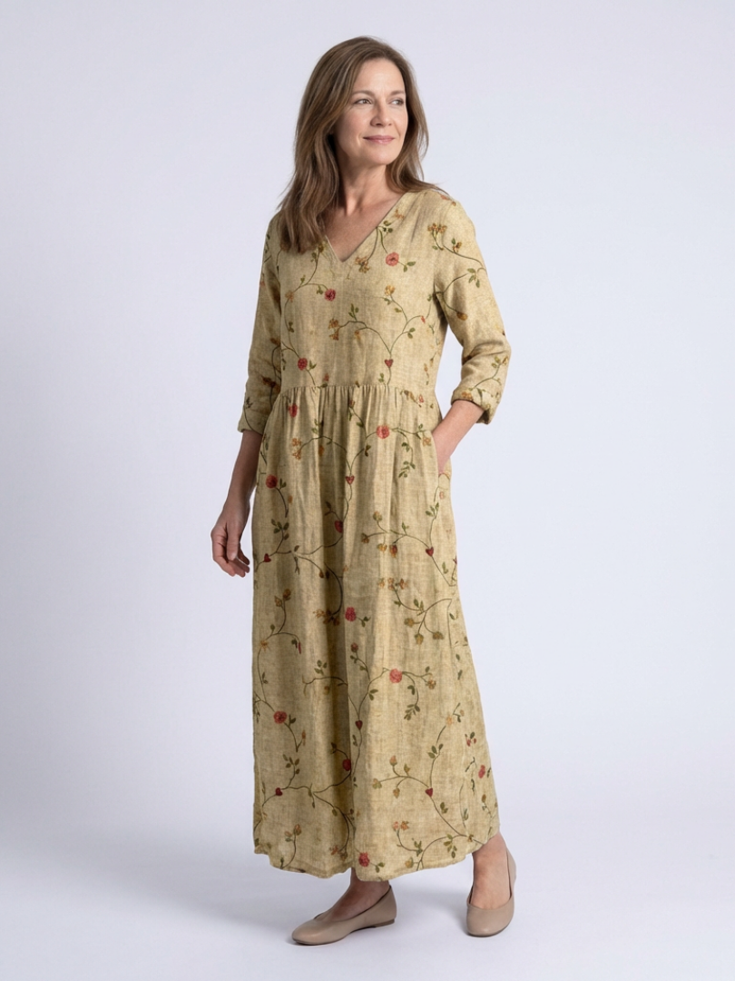 Marina | Florales V-Ausschnitt Maxikleid mit Dreiviertelärmeln