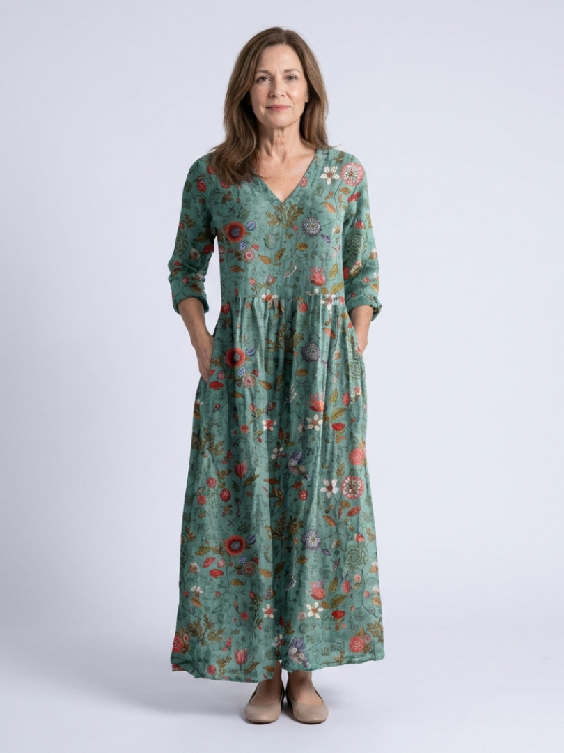 Marina | Florales V-Ausschnitt Maxikleid mit Dreiviertelärmeln
