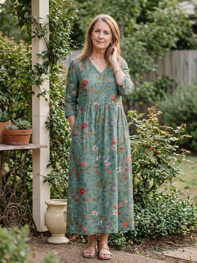 Marina | Florales V-Ausschnitt Maxikleid mit Dreiviertelärmeln