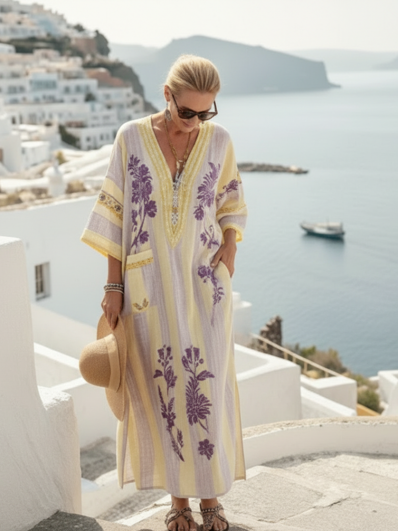 Aurelia | V-Ausschnitt Maxikleid mit halben Ärmeln und Streifenmuster