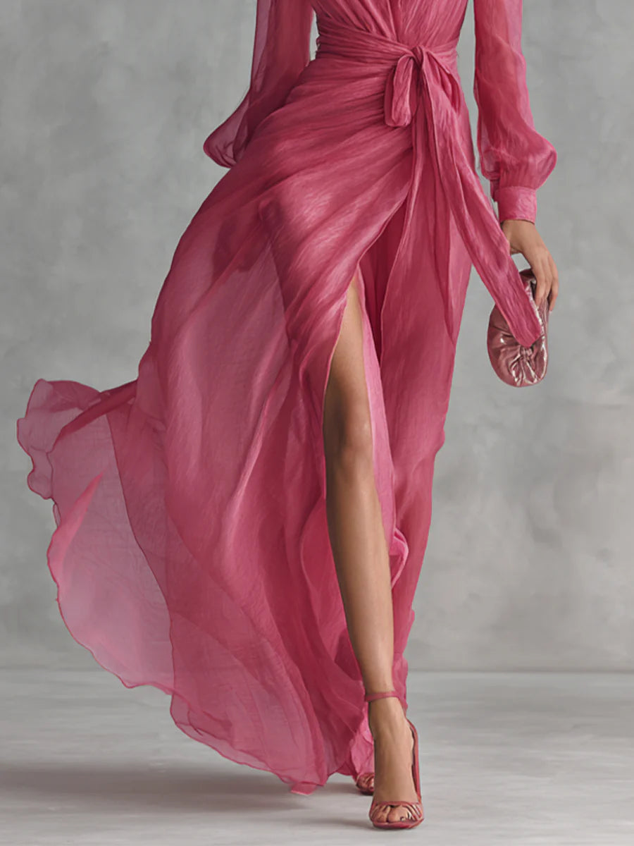 Beatrice | Elegantes Chiffon V-Ausschnitt Kleid mit Bindegürtel