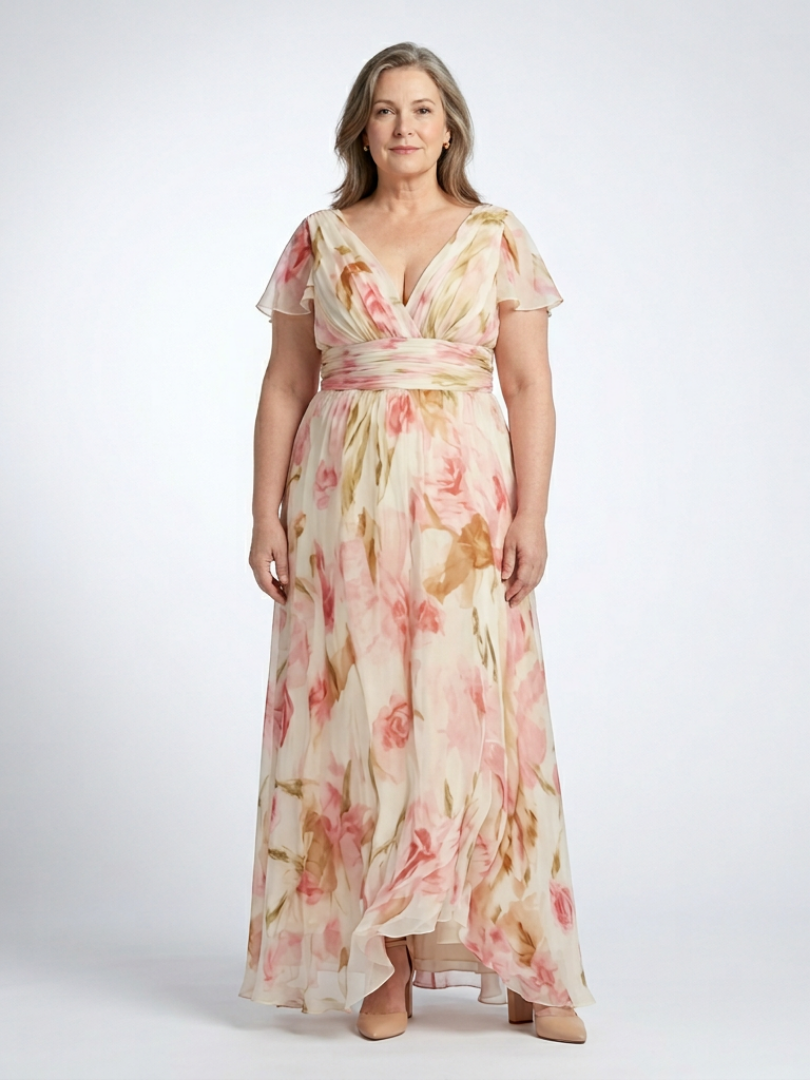 Elara | V-Ausschnitt Kurzarm Blumen Maxi Kleid
